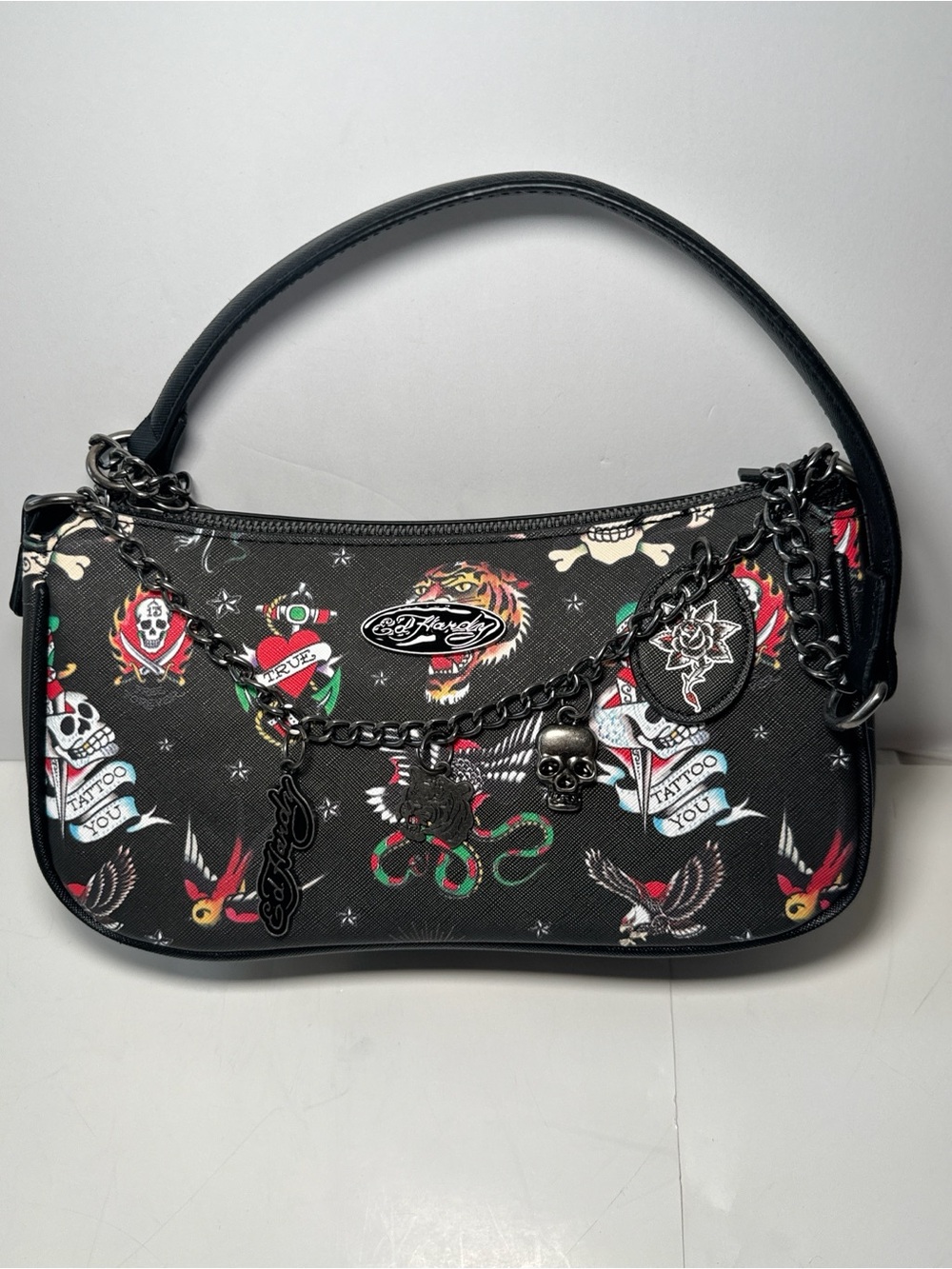 Ed Hardy Tattoo Print Shoulder Bag Skull Tiger Chain Charms Y2K Crossbody NWT